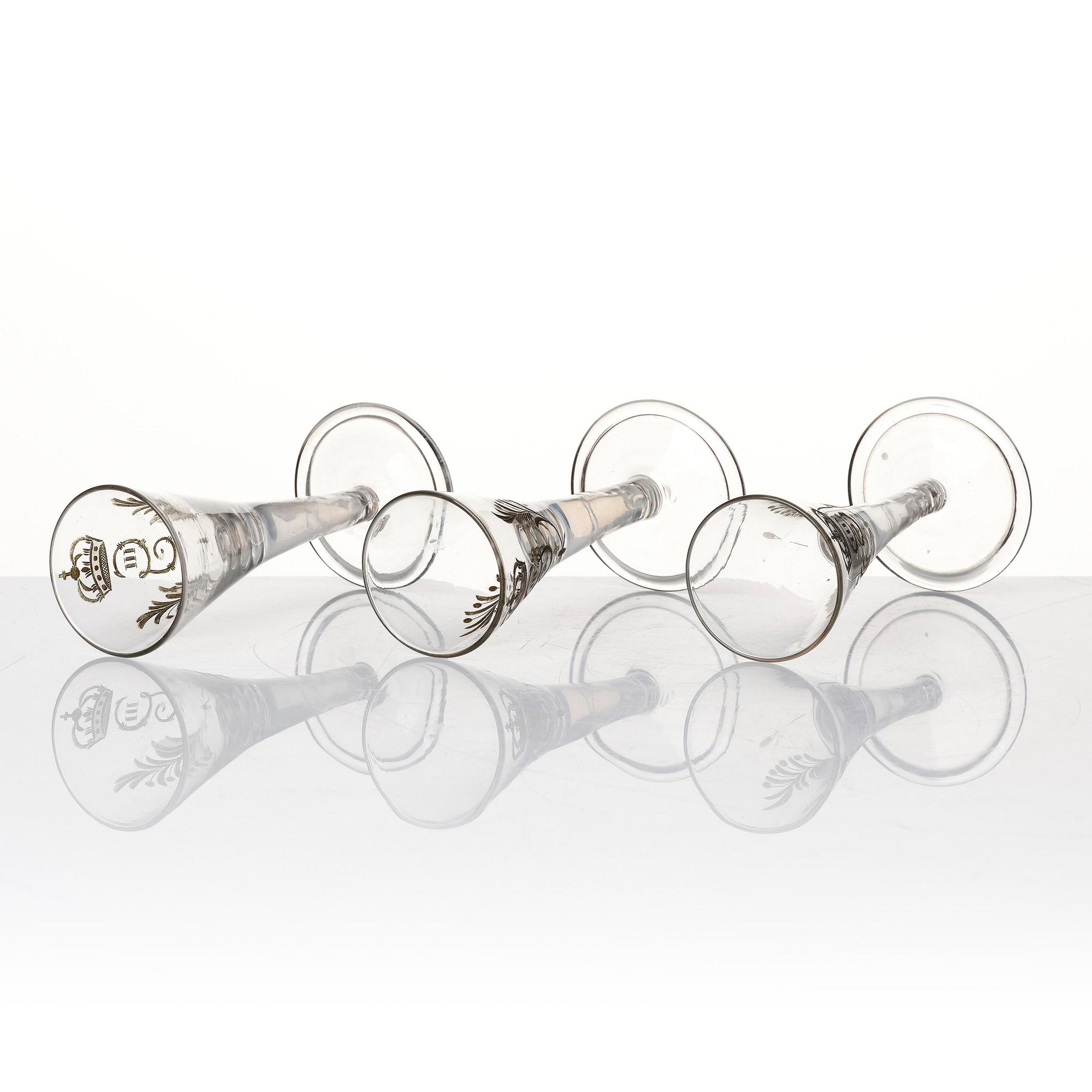 A set of six glasses and a bottle, Sweden, 18th century with King Gustavus IIIs monogram.