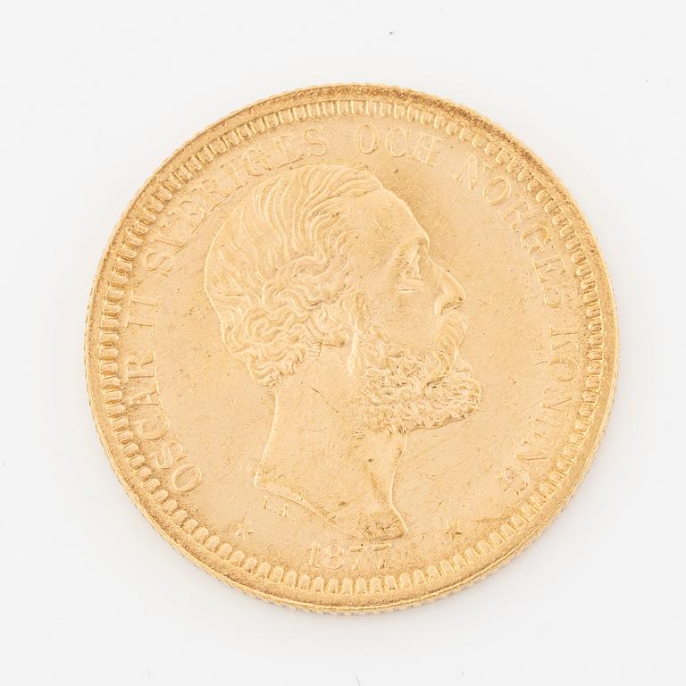 Gold coin, Oscar II, 20 kronor, type III, Sweden 1877.