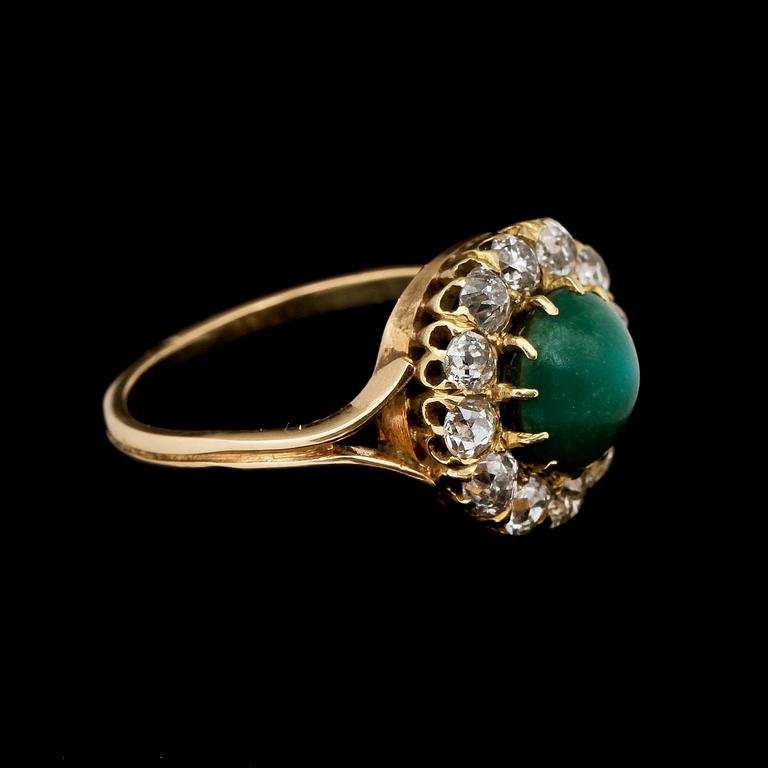 RING, 18k guld med turkos samt 12 gammalslipade diamanter, 1936. Vikt 4 g.