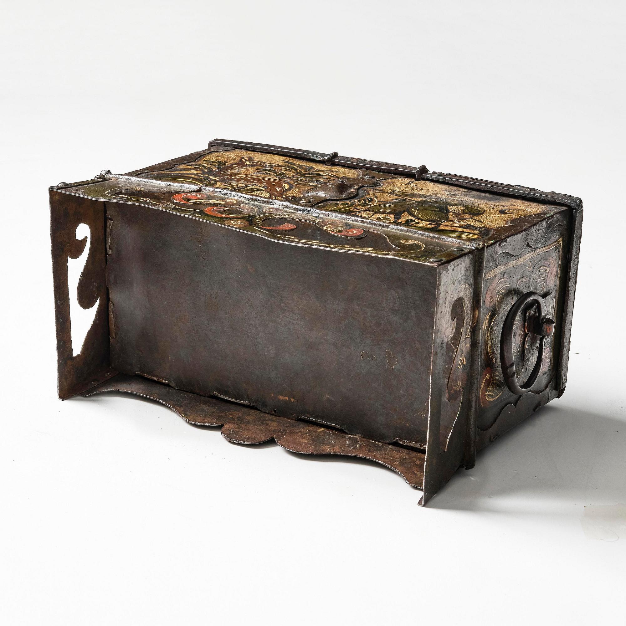 A South German presumably Nuremberg polychrome-painted wrought baroque iron casket, 17th century.