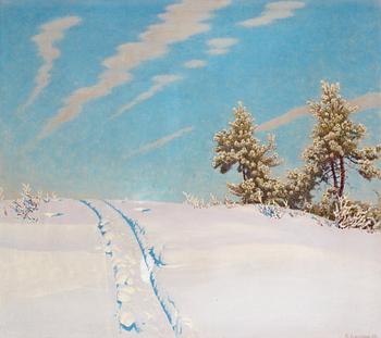 Gustaf Fjaestad, Ski tracks in snow clad landscape.