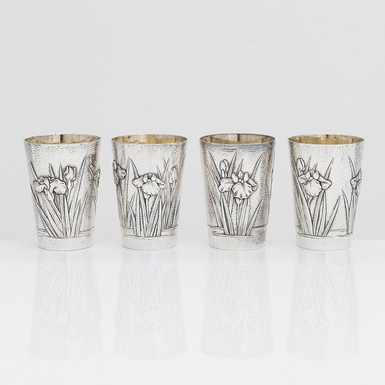 A set of four silver beakers, maker's mark of Musashiya, Yokohama. Late Meiji, early 20th century.