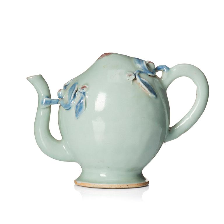 A celadon and underglaze blue and red glazed Cadogan tea pot, Qing dynasty, 19th Century.