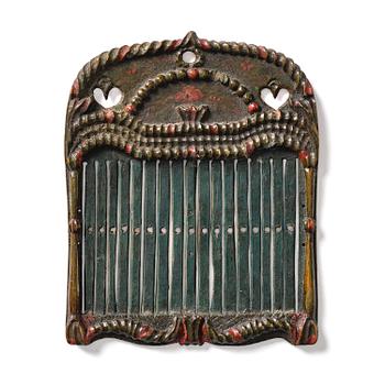 193. A Swedish folk art carved and polychrome-painted weaving tool from Hälsingland, late 18th/early 19th century.