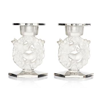212. René Lalique, a pair of “Mésanges” cast glass candlesticks, France, post-1943.