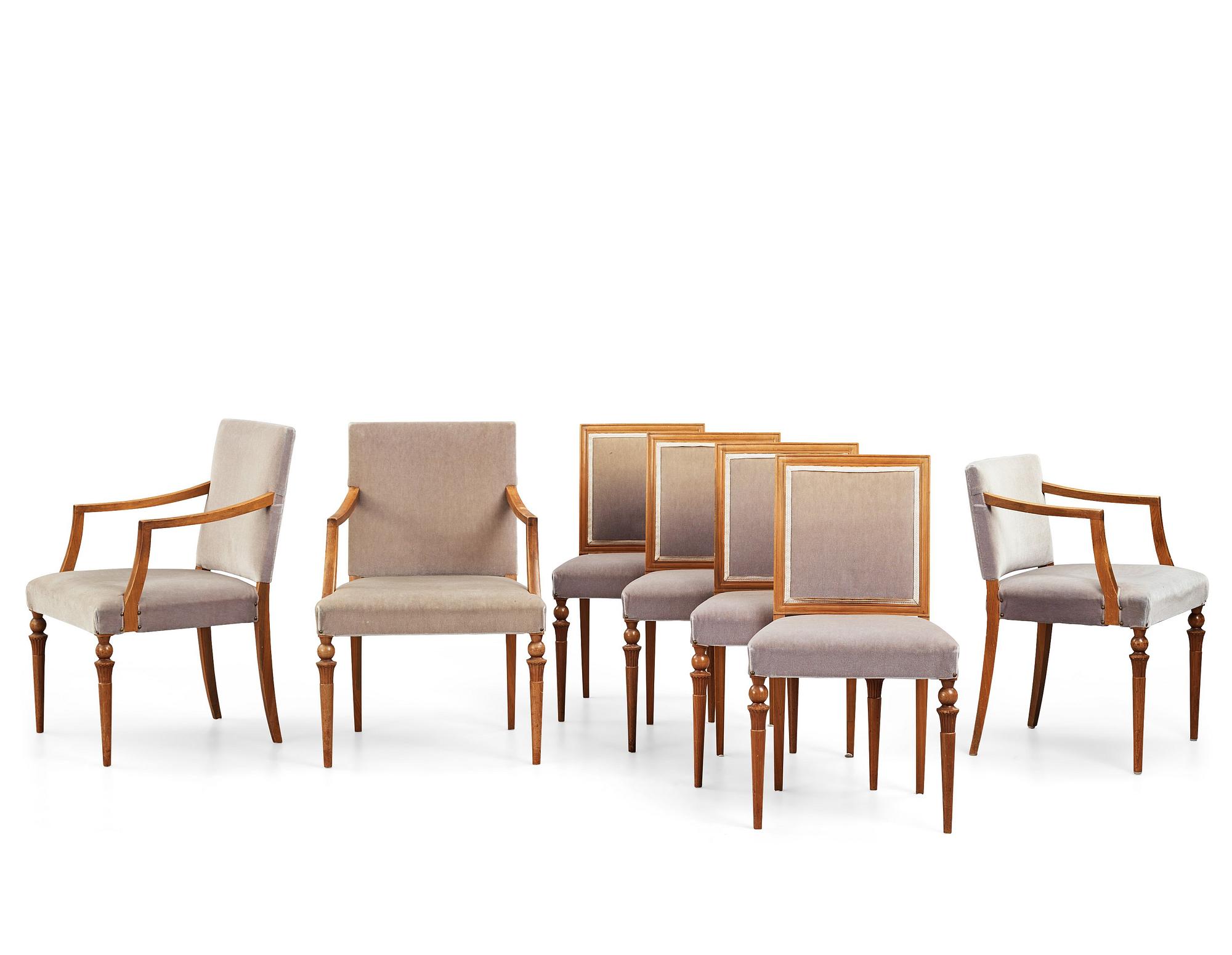 Swedish Grace, 4 chairs + 2 + 1 with armrests, reportedly a win from the Stockholm Cabinetmakers association lottery.