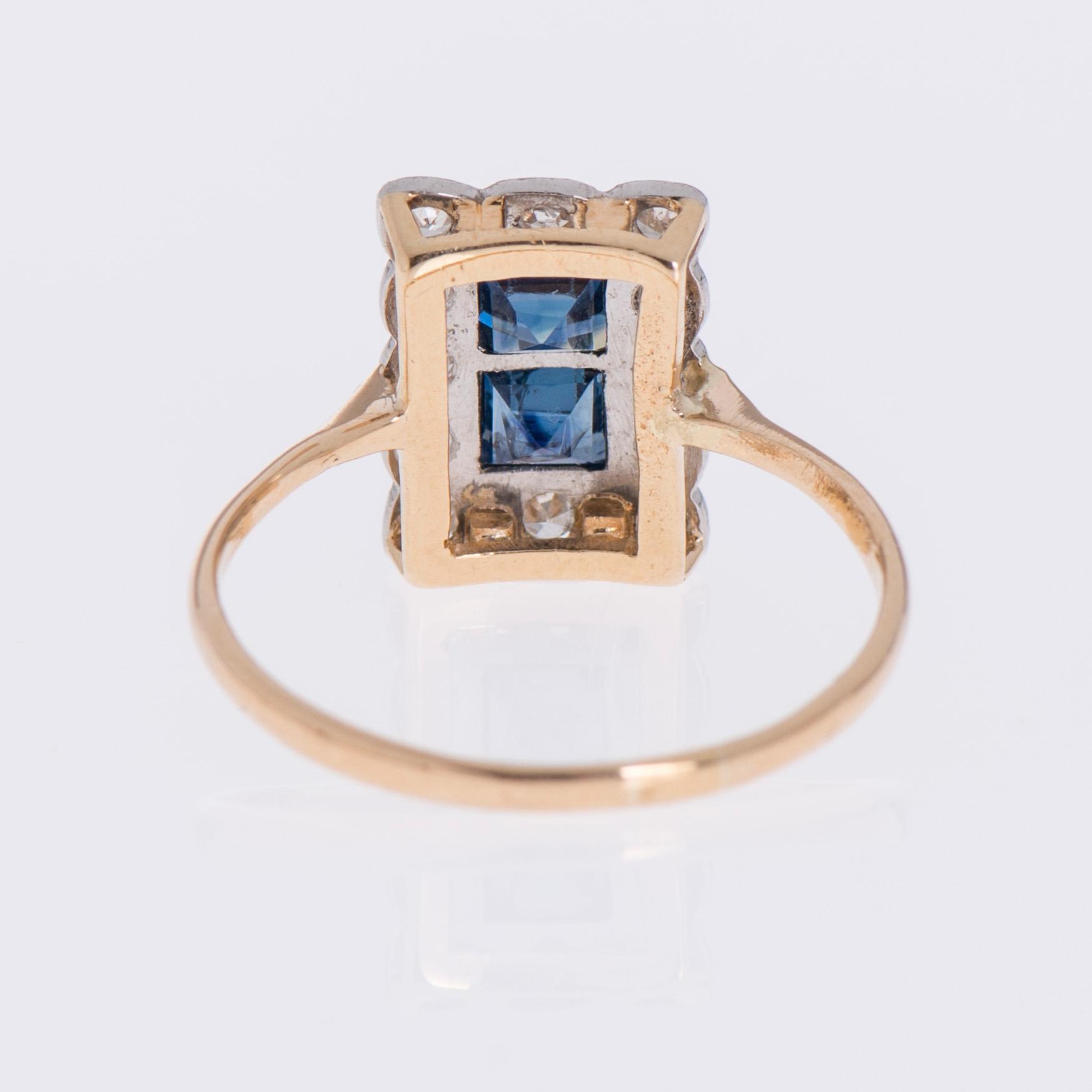 RING, två carréslipade safirer, åttkantslipade diamanter, 14K guld.