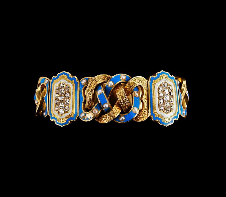 ARMBAND, 26 antikslipade diamanter ca 1.30 ct, pärlor, emalj.