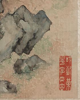 MÅLNING, blommande prunus och fåglar, Qu Zhaolin (1866-1937), signerad.