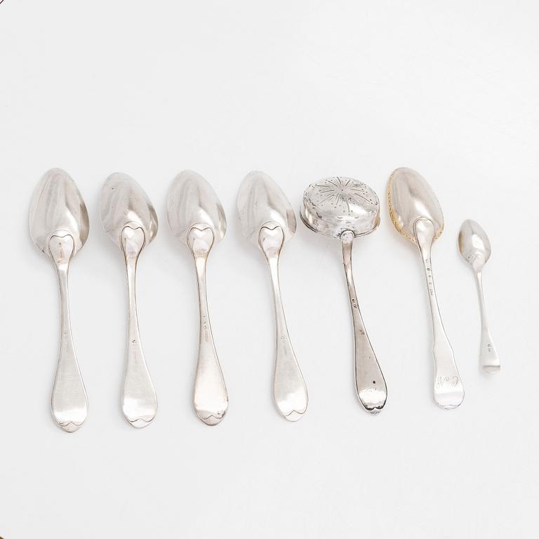 Six early 19th-century silver spoons, and a sprinkle spoon, mainly Tammisaari and Turku, Finland 1803-1820s.