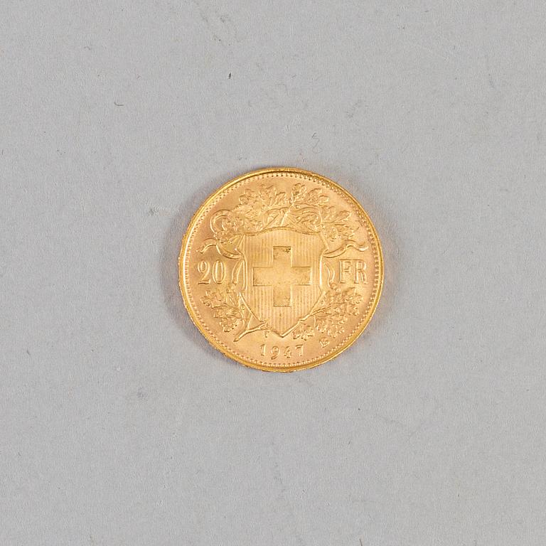 Coin Helvetia 1947 gold, diameter ca 21 mm, weight ca 6,4 gr.