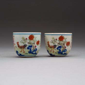 A pair of "chicken" cups, China, Republic. Whit Qianlong seal mark.