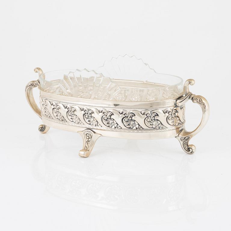 A silver plate and glass jardinière, Denmark, first half of the 20th century.