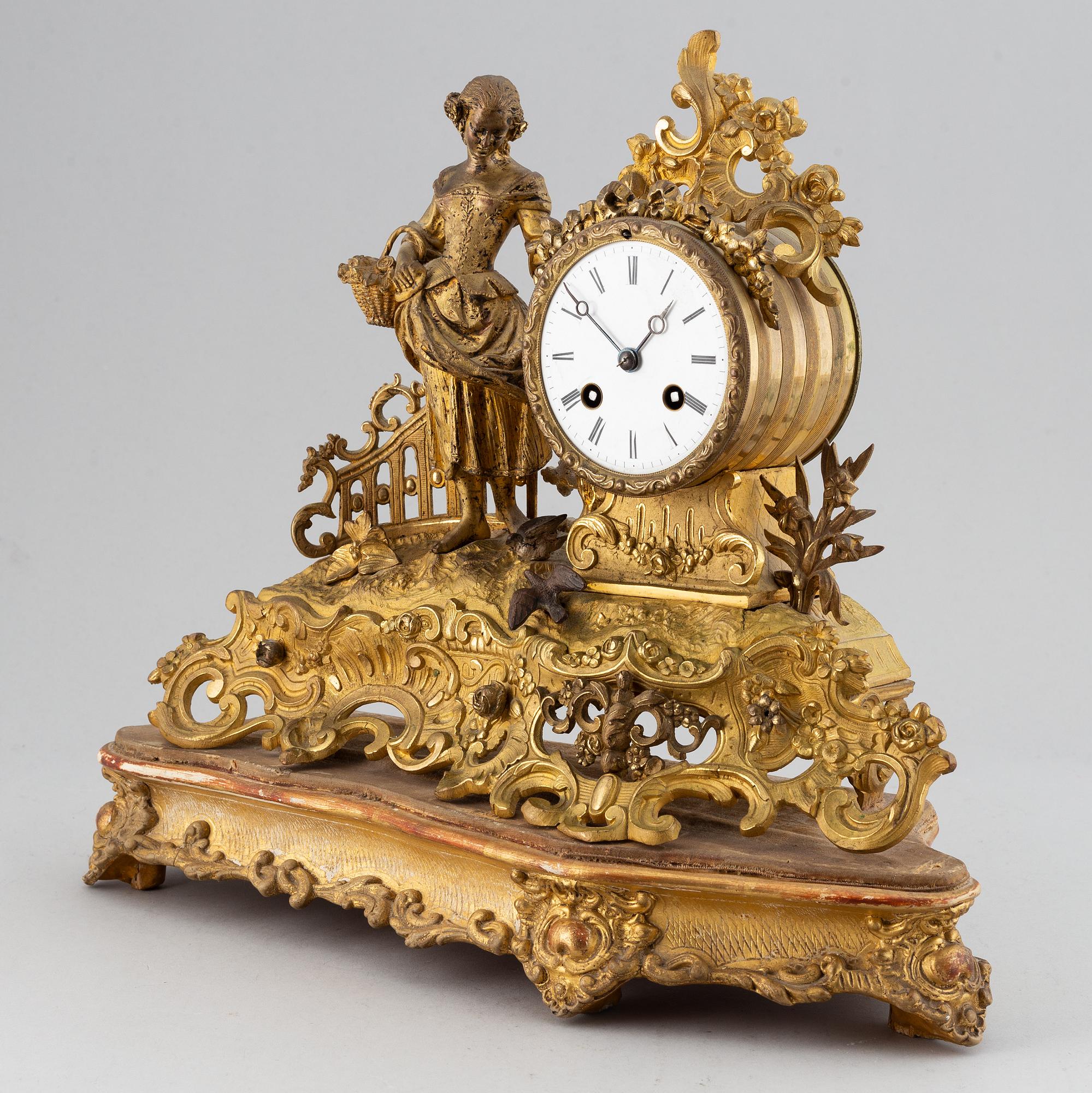 A 19th-century rococo-revival ormolu mantle clock.