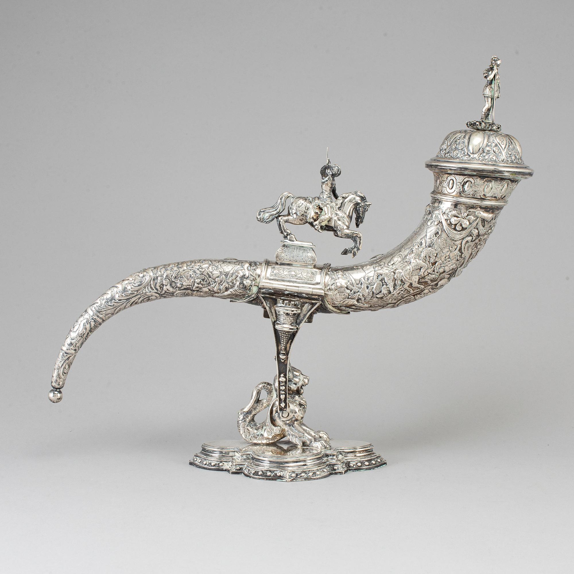 A German silver drinking horn, JD Schleissner & Söhne, Hanau around 1900.
