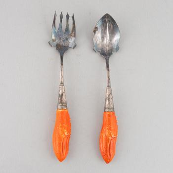 Two crayfish bowls, along with serving utensils and a carafe, late 19th to first half of the 20th Century.