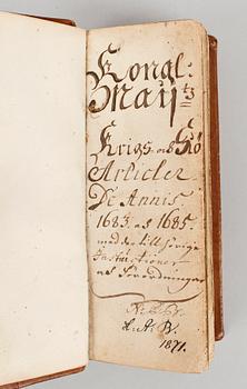 BOK, "Kongl Maij Krigs och Sjö Articlar 1683 1685.", troligen Stockholm 1600/1700-tal.