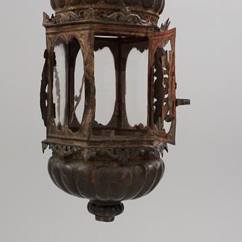 A 17TH CENTURY BAROQUE BRASS LANTERN. Height ca 72 cm.