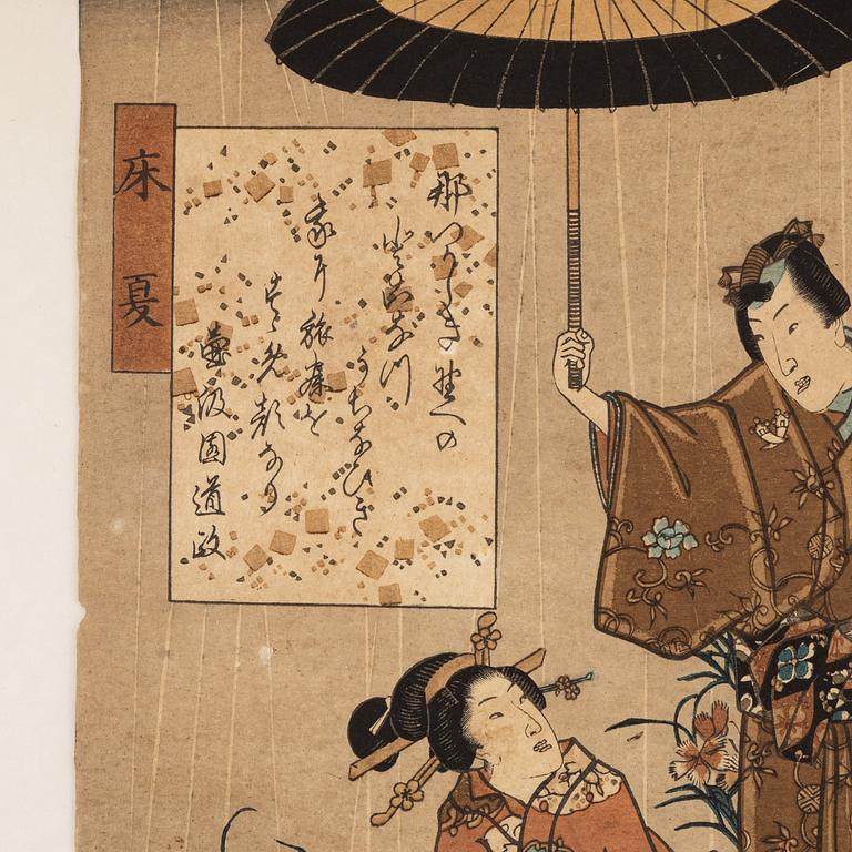 Utagawa Kunisada, tre träsnitt samt Utagawa Kuniyoshi, träsnitt.