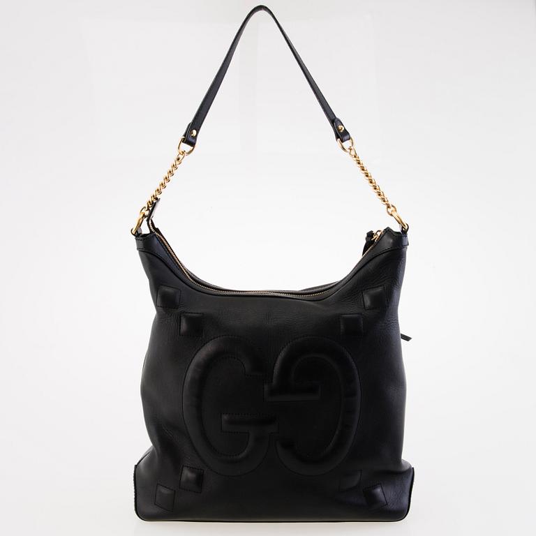 GUCCI Apollo Embossed GG Black Leather Shoulder Bag.