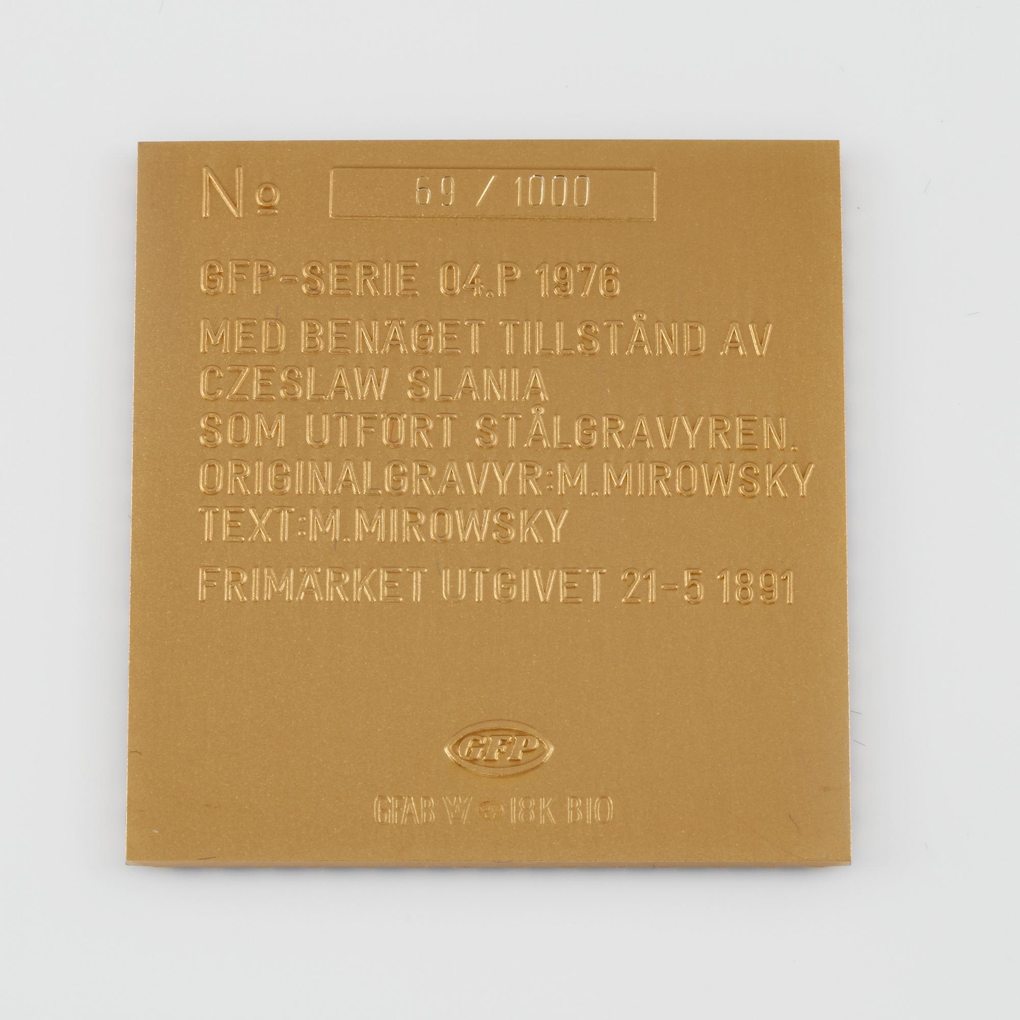 PLAKETT, 18K guld, numrerad 69/1000, 1976, vikt ca 27 g.