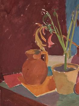 Karl Isakson, "Nature morte med blommor i grå kruka, grön vas, frukter och böcker".