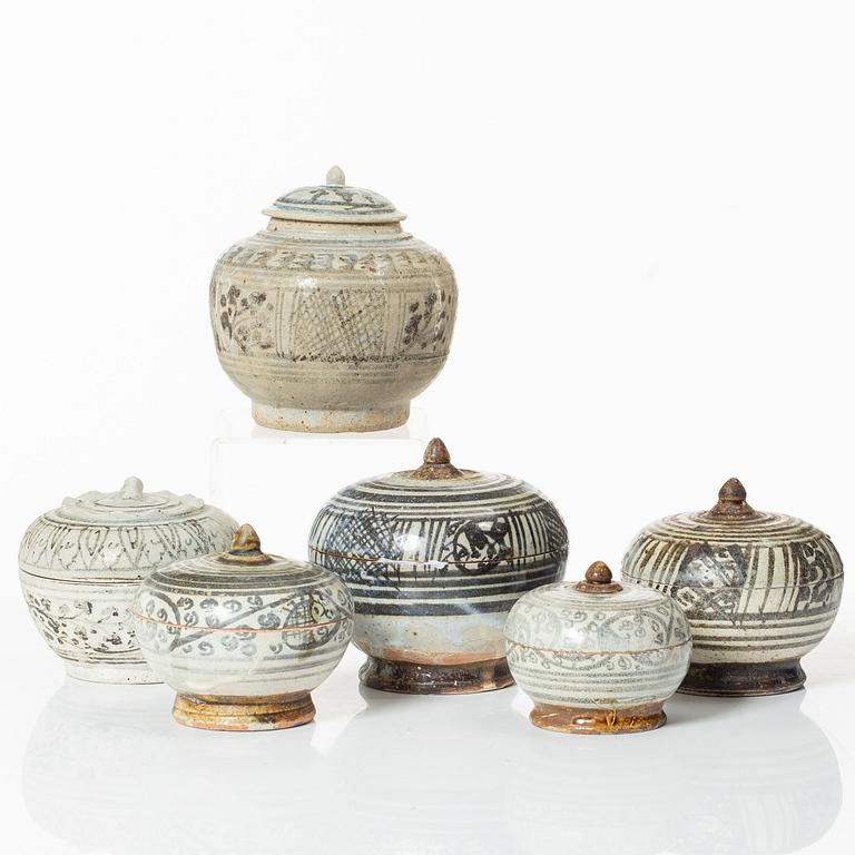 Six ceramic jars with covers, South East Asian, 17th and 19th century.