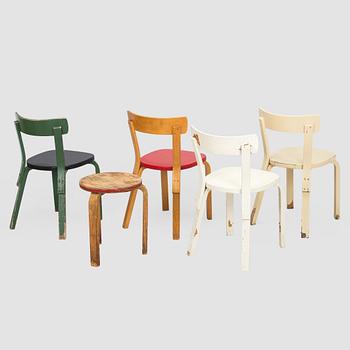 Alvar Aalto, Tuoleja, 4 kpl malli 69 ja jakkara malli 60, O.Y. Huonekalu- ja Rakennustyötehdas A.B. 1900-luvun puoliväli.