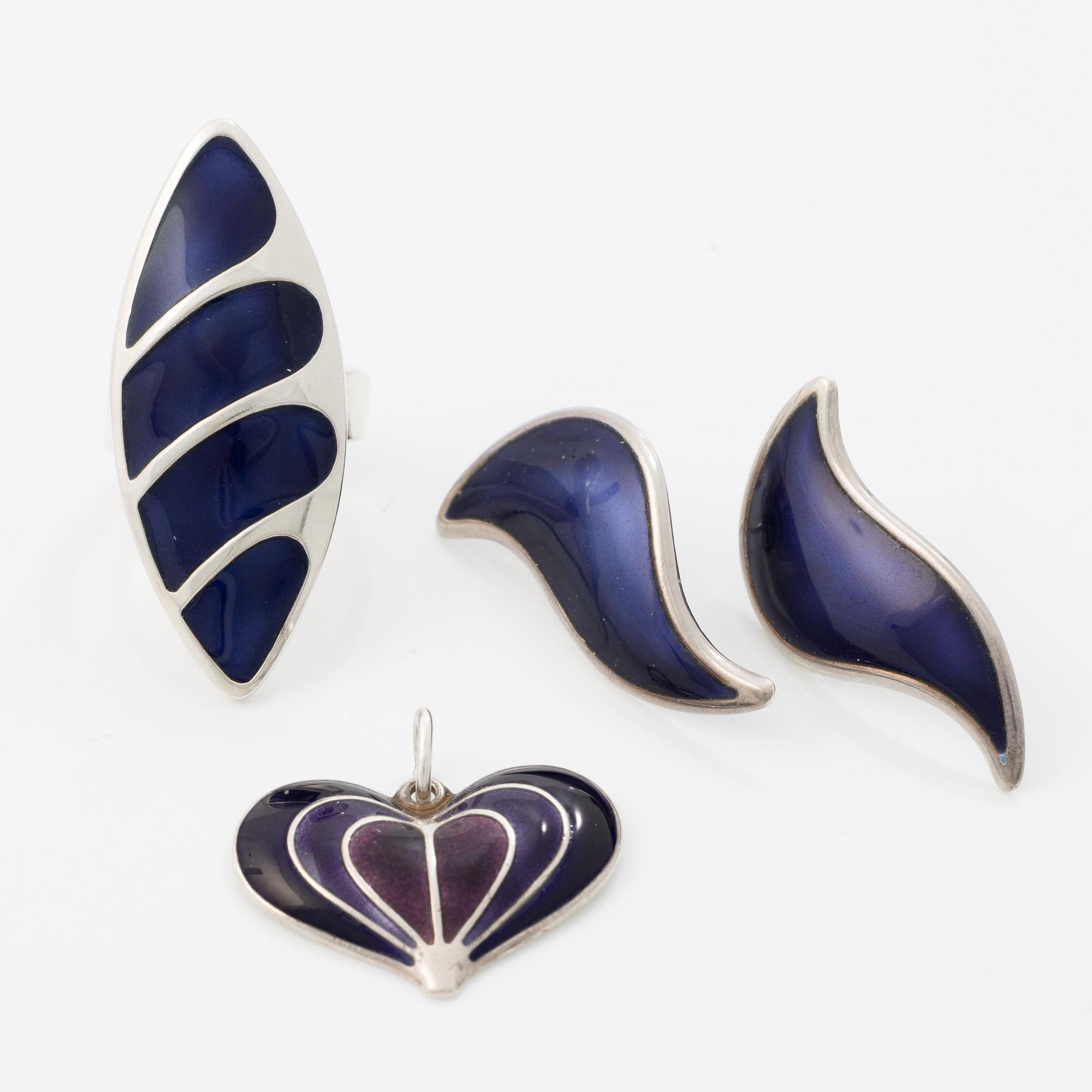 David Andersen, brooch, a pair of earrings and a pendant, silver and enamel.