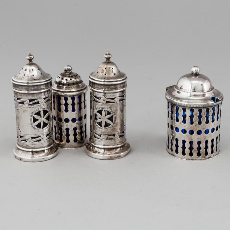 A set of three 20th century silver spice casters and a mustard jar, Denmark / England. Silver weight ca 152 g.