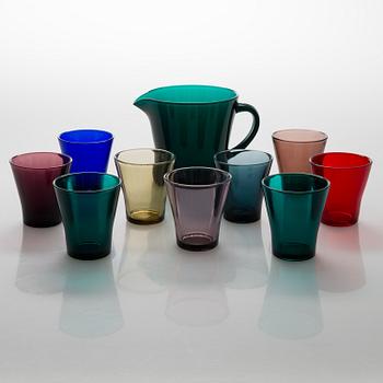 A mid-20th Century pitcher and 9 drinking glasses from Riihimäaen Lasi, Finland.