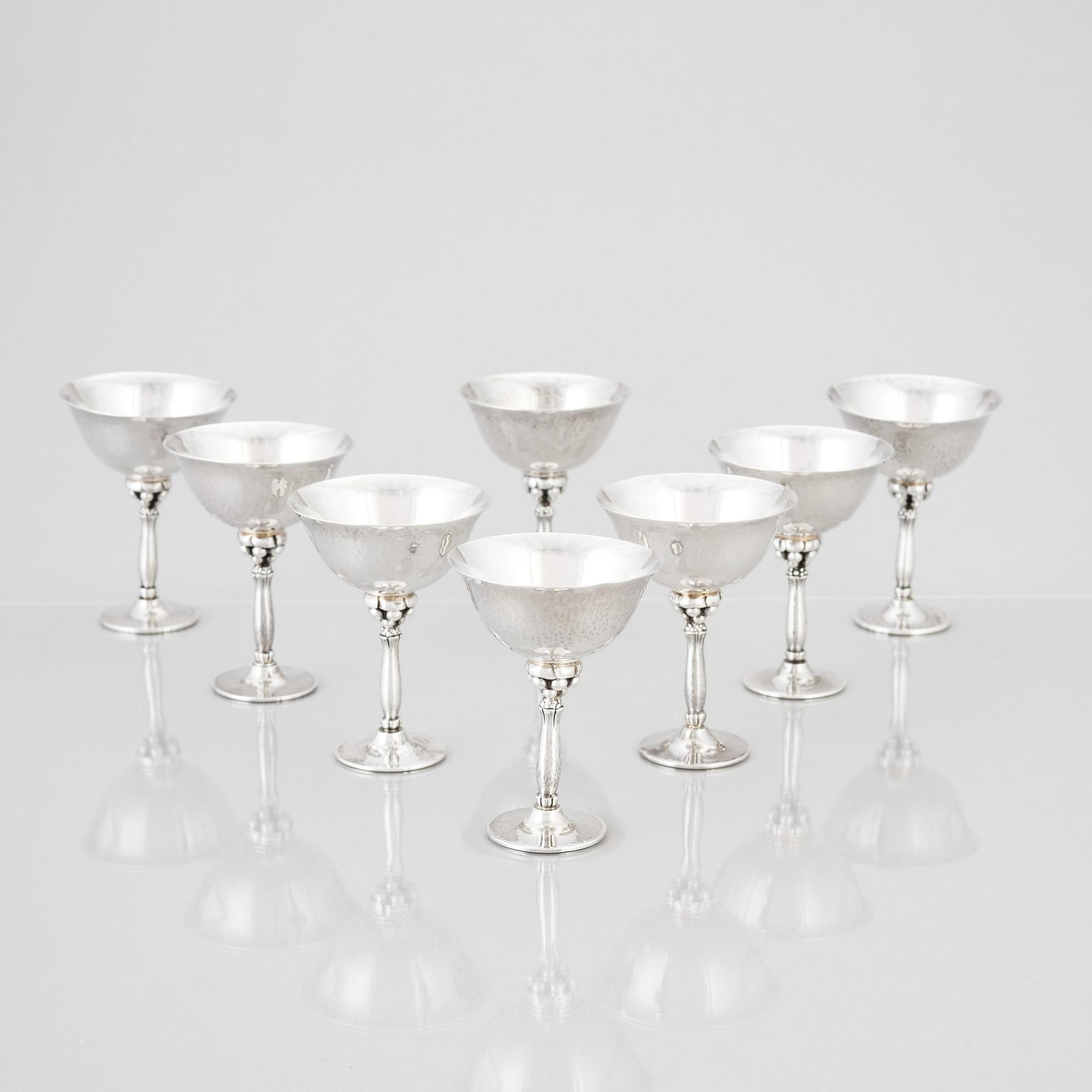 Harald Nielsen, a set of eight sterling cocktail glasses, Georg Jensen, Copenhagen 1933-77, design nr 479 and 479A.