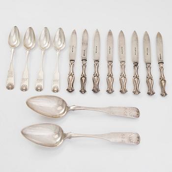 A set of 14 silver fruit knives and spoons, makers' marks of J.I. Åkersten and G.W. Mansner, Pori Finland 1844-1891.