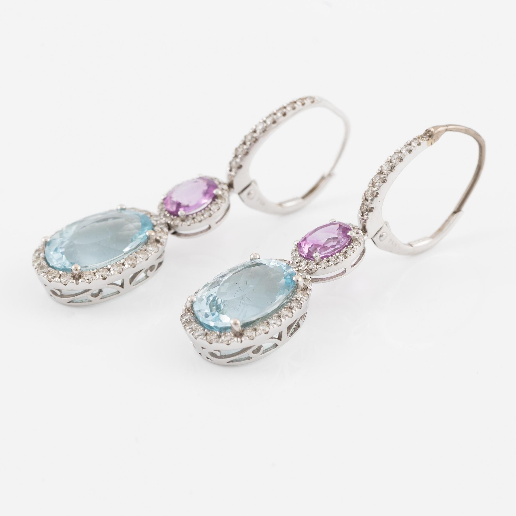 Aquamarine, pink sapphire and brilliant-cut diamond earrings.