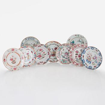 Nine Chinese porcelain dishes, Qing dynasty,  18th century and early 19th century.