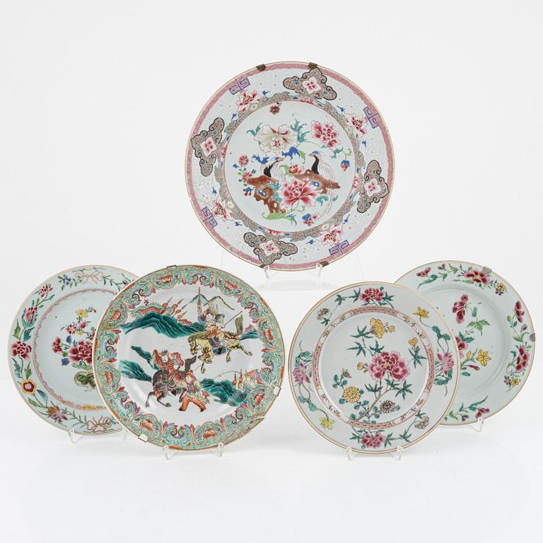 Five porcelain plates, China, 18th century and late Qing dynasty.