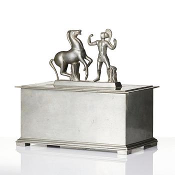 Oscar Antonsson, a "Hästbetvingaren" (Tamer of Horses) pewter box, Ystad-Metall, Sweden, 1932.