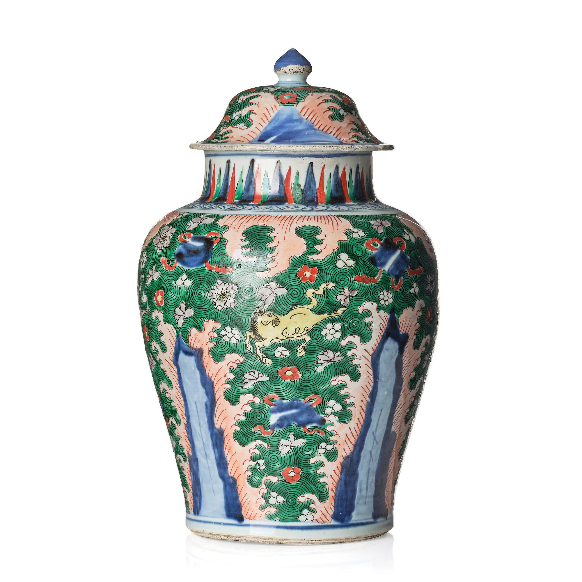 A Transitional wucai 'flying horse' baluster jar with cover, 17th century.