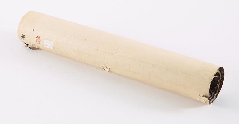 RULLMÅLNING, bergigt flodlanskap i Qian Dus (1764-1844/45) stil, Qingdynastin, sent 1800-tal.