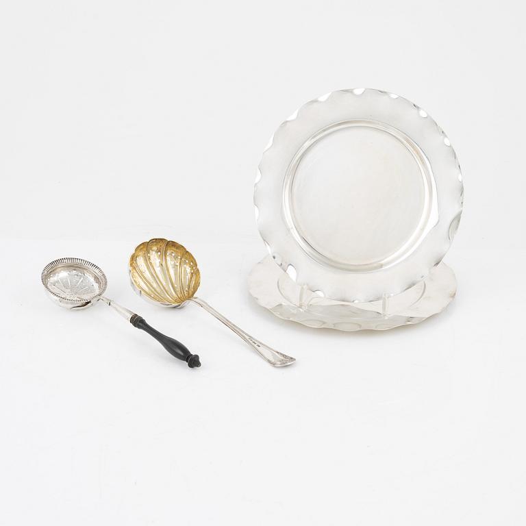 Two Swedish Silver Sprinkle Spoons and Two Dishes.