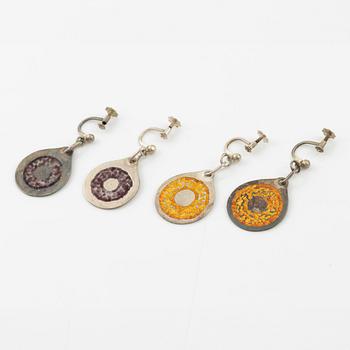 Lars Arby, three pairs of earrings, sterling silver and enamel, Gothenburg 1967 and 1969.