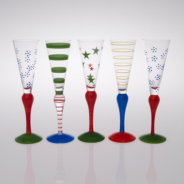 A set of five 'Clown' champagne glasses for Orrefors, Sweden.