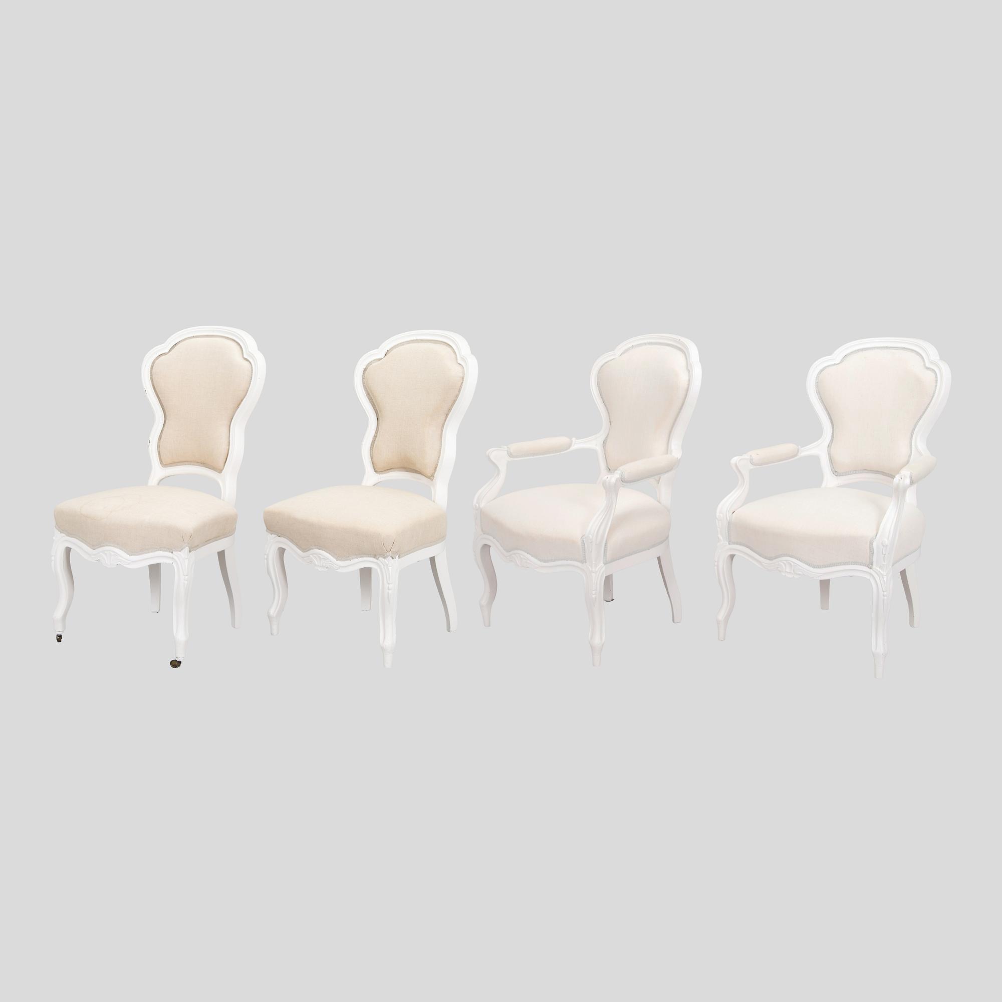 A pair of armchairs, and a pair of chairs, around 1900.