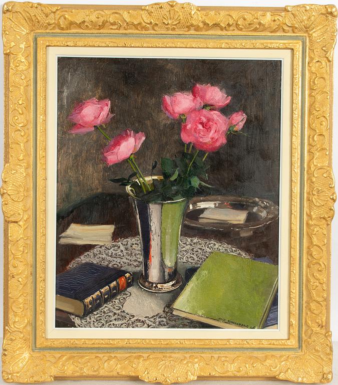 Olle Hjortzberg, Pink Roses in a Silver Vase.