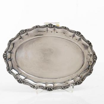 Cream jug, sugar bowl, and tray, silver, Rococo style, 20th century.