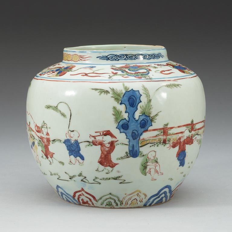 A wucai jar, Ming dynasty with Wanli six character mark and of the period (1573-1620).