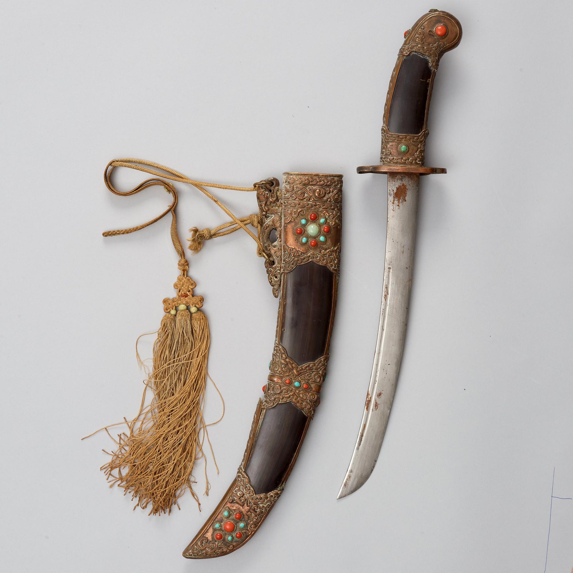 DOLK, buffel och koppar samt med steninläggningar. Tibet, 1800-tal.