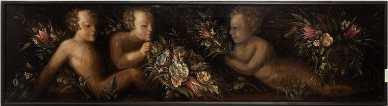 Door overpieces, two pieces, circa 1900. Putti and flowers.