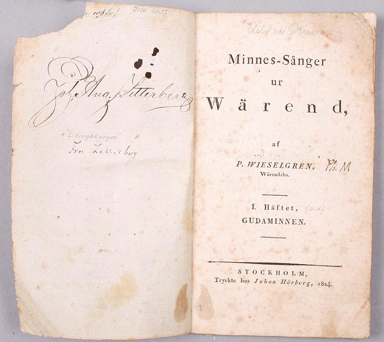 BÖCKER 2 st SAMT KUNGÖRELSER, bla "Minnes-Sånger ur Wärend" av P. Wiselgren, Stockholm 1824.