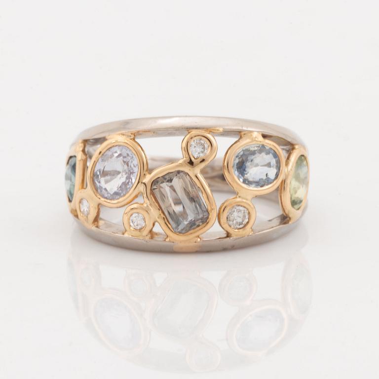 Multi colooured sapphire and brilliant cut diamond ring.